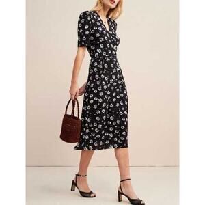 Rouje Louisa Wrap Midi Dress Floral Print Black White Puff Sleeve Women’s 34 S